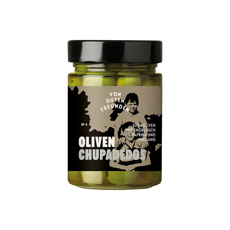 Oliven Chupadedos - Sosa Oliven in würziger Salzlake mit Knoblauch, Paprika und Oregano.