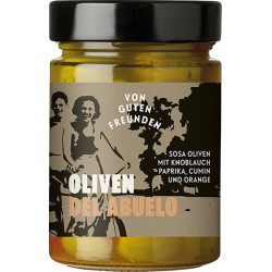 Oliven Abuelo - Opa's Rezept angedrückte Oliven in würziger Essiglake mit Knoblauch, Paprika, Cumin und Orangenaroma