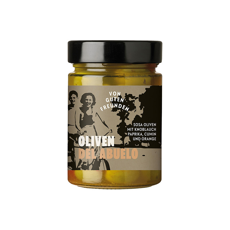 Oliven Abuelo - Opa's Rezept angedrückte Oliven in würziger Essiglake mit Knoblauch, Paprika, Cumin und Orangenaroma