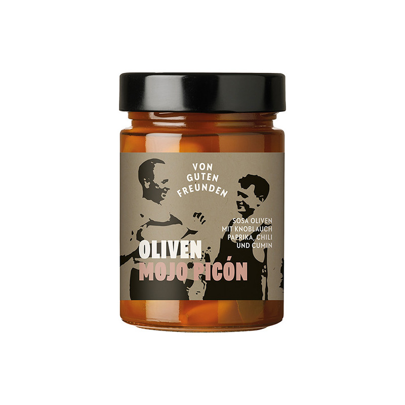 Oliven Mojo Picon - Oliven in würziger Essiglake mit Knoblauch, Paprika, Chili und Cumin